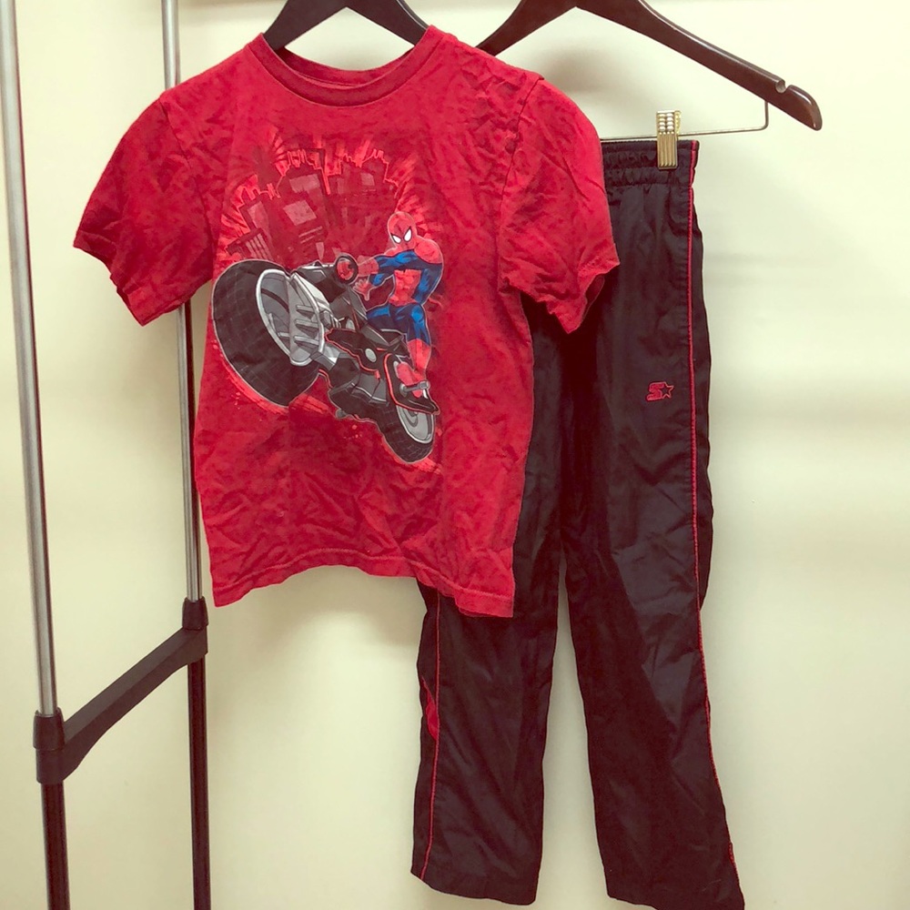 Two starter athletic pants and marvel tees